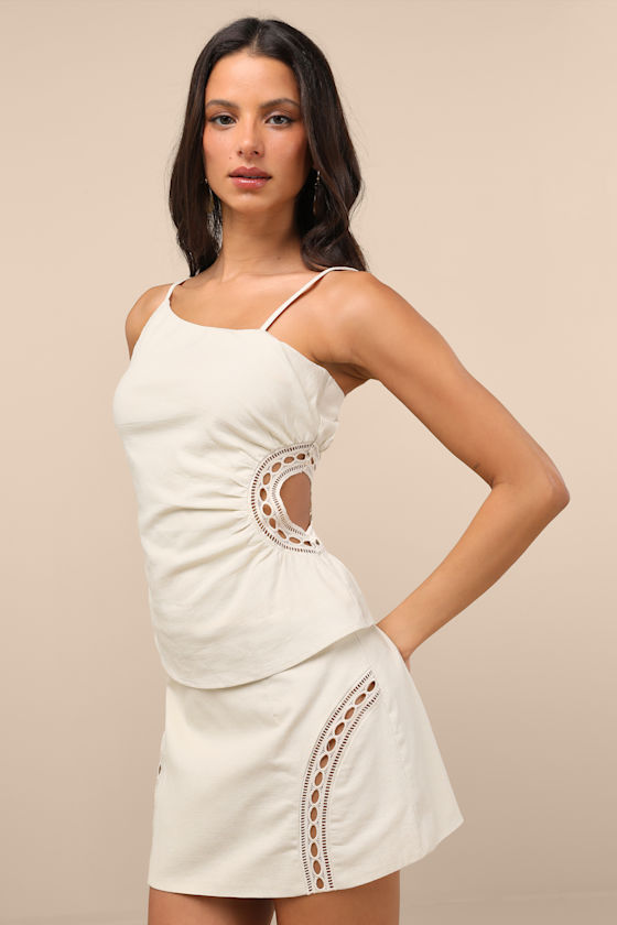 Image of Mahsa Cream Crochet Embroidered High-Rise Mini Skirt