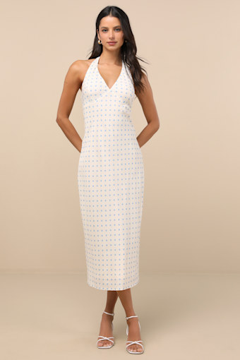 Meara Ivory and Blue Polka Dot Halter Midi Dress 1