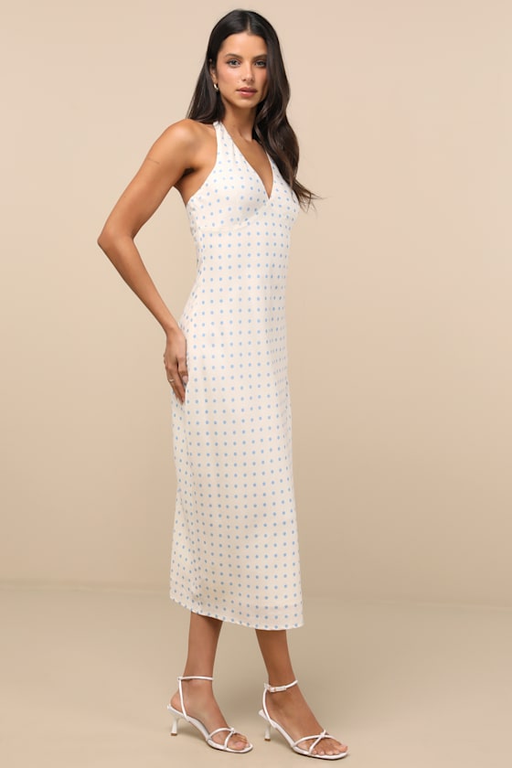 Meara Ivory and Blue Polka Dot Halter Midi Dress 3