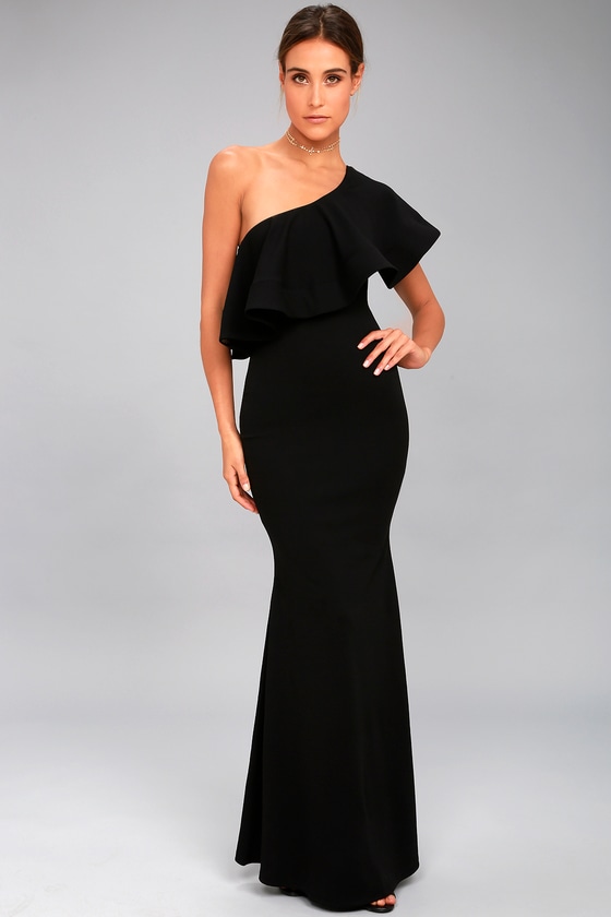 one shoulder long sleeve black dress