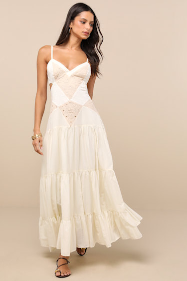 fitted lace wedding dress Ivory Floral Embroidered Maxi Dress - All Dresses main image 1