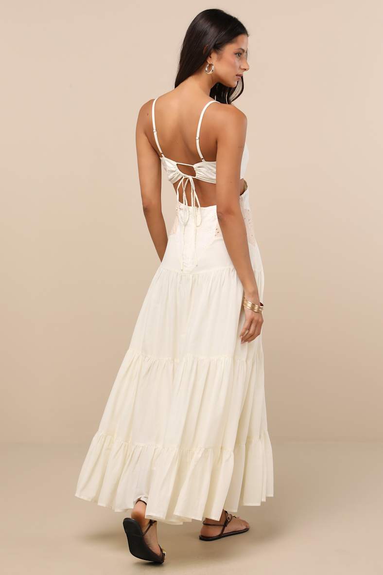 Maisha Ivory and Beige Embroidered Drop Waist Maxi Dress
