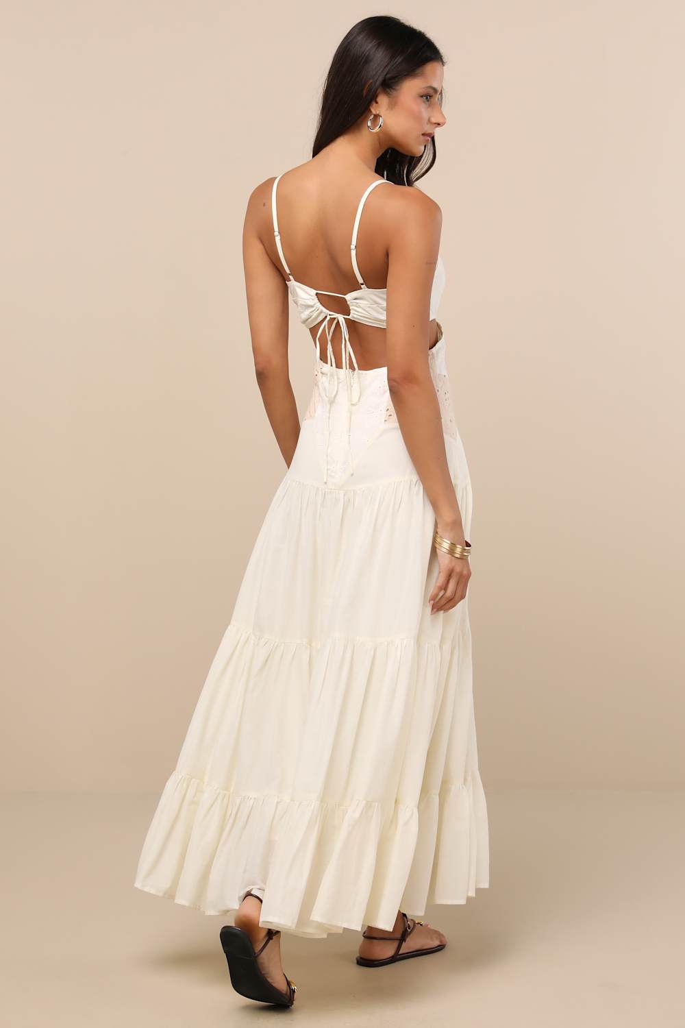 Maisha Ivory and Beige Embroidered Drop Waist Maxi Dress