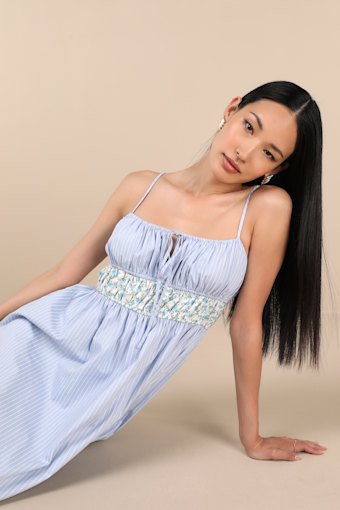 Shereen Blue Striped and Floral Sleeveless Poplin Midi Dress 1