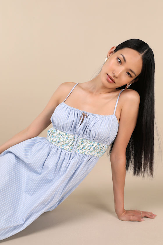 Shereen Blue Striped and Floral Sleeveless Poplin Midi Dress 1