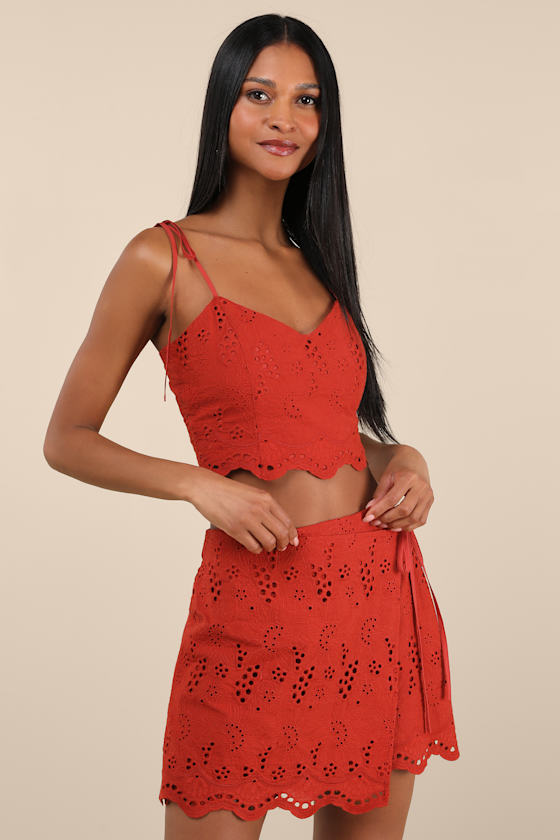 Kamilla Rust Red Eyelet Embroidered Mini Wrap Skirt 2