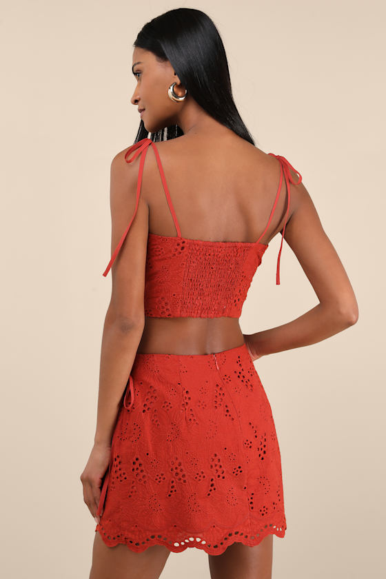 Kamilla Rust Red Eyelet Embroidered Mini Wrap Skirt 4