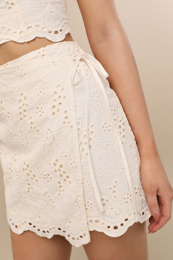 Kamilla Cream Eyelet Embroidered Mini Wrap Skirt