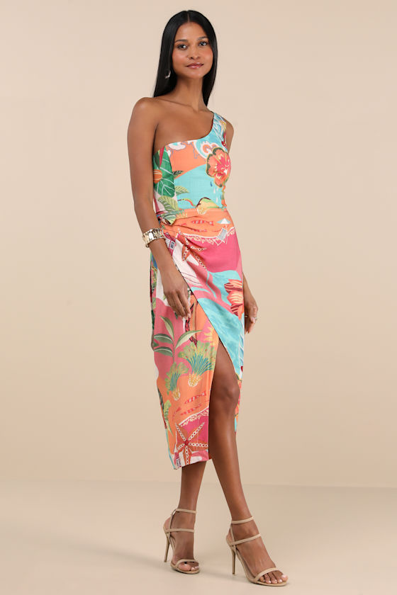Image of Hilinai Blue Multi Tropical Print Wrap Midi Dress
