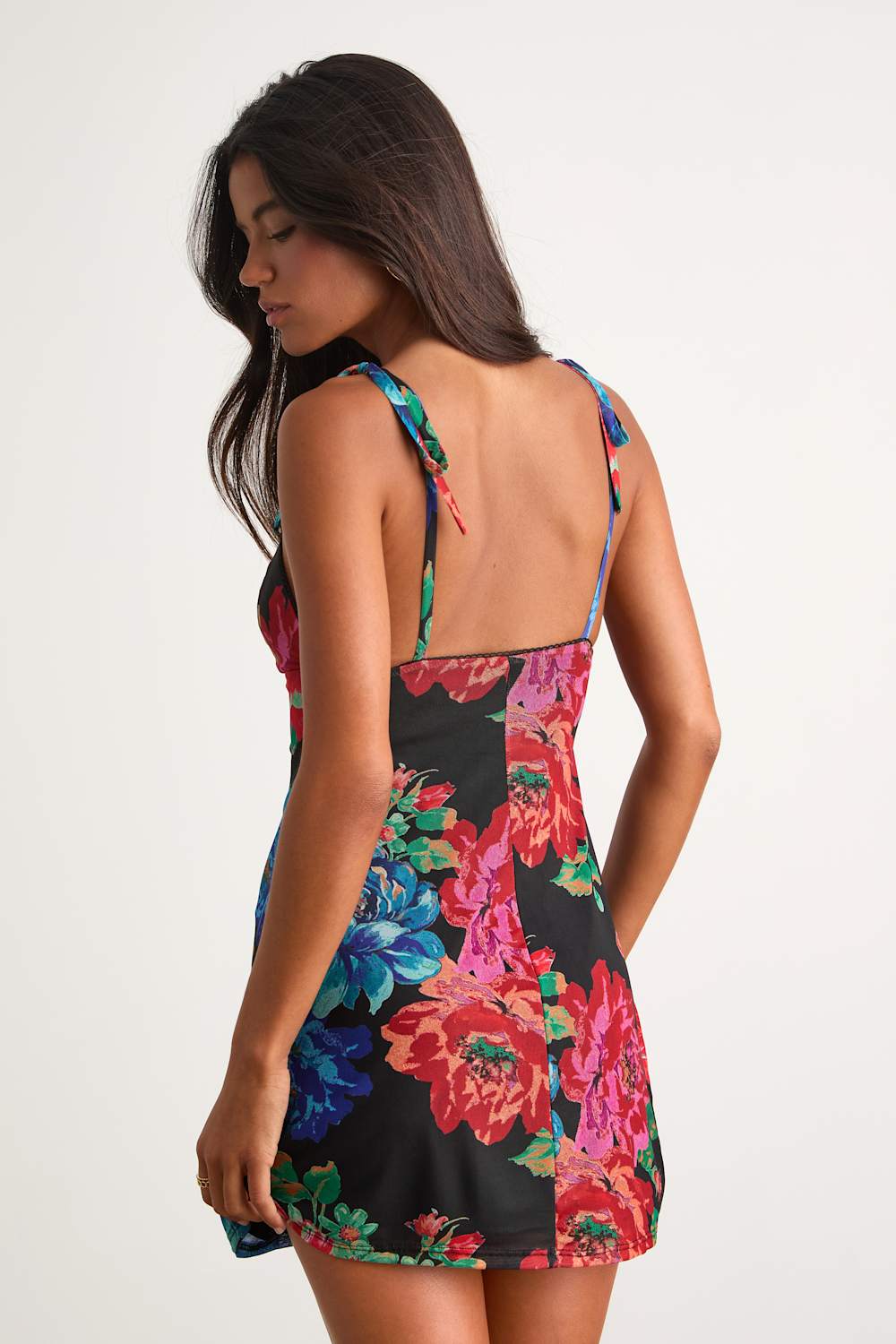 Aldara Black Floral Mesh Tie-Strap Mini Dress