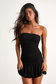 Calix Black Strapless Ruched Bubble-Hem Mini Dress 1