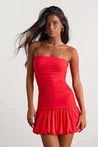 Calix Bright Red Strapless Ruched Bubble-Hem Mini Dress 1