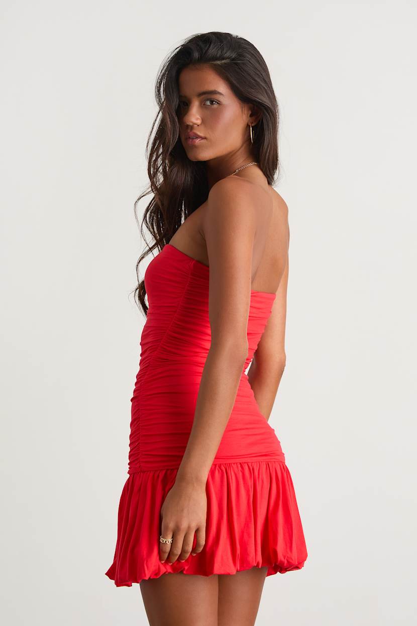 Bright Red Dress - Ruched Strapless Dress - Drop Waist Mini Dress - Lulus