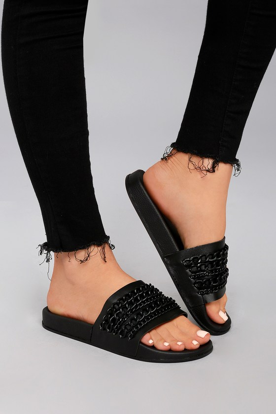 black slide sandals with pearls