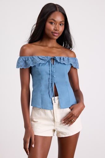 Alesana Blue Eyelet Embroidered Button-Front Top 2