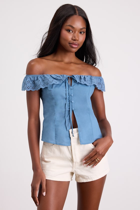 Alesana Blue Eyelet Embroidered Button-Front Top 2