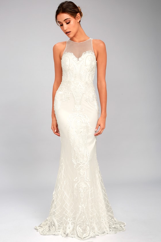 white embroidered gown