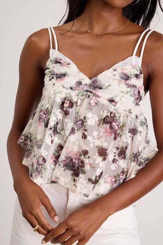 Alinor White Floral Sheer Babydoll Tank Top 2