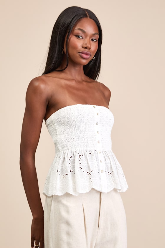 White Eyelet Embroidered Top - Smocked Strapless Top - Peplum Top