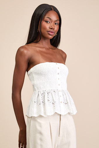 Ahura White Eyelet Embroidered Peplum Strapless Top 1