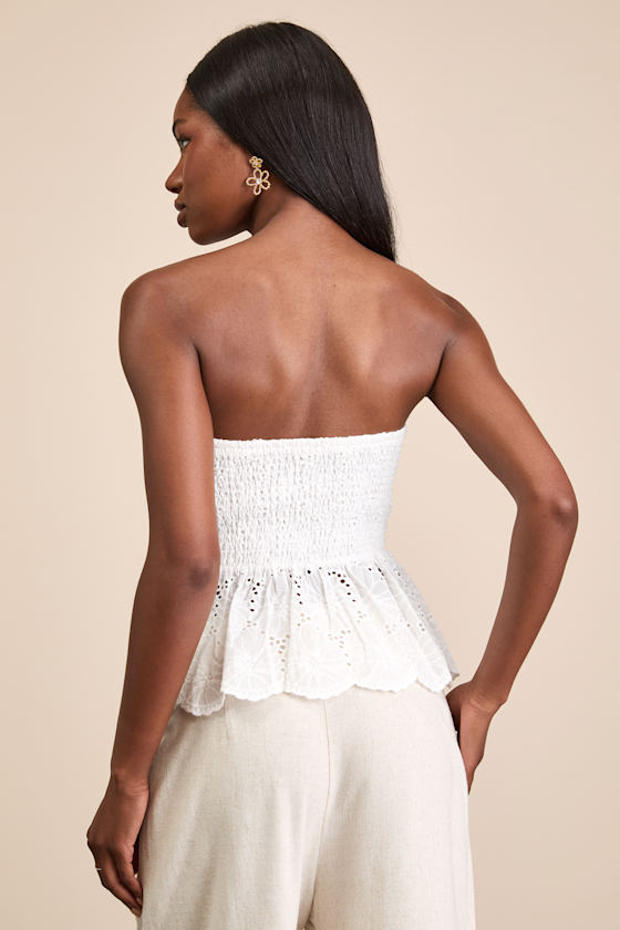 White Eyelet Embroidered Top - Smocked Strapless Top - Peplum Top - Image 3