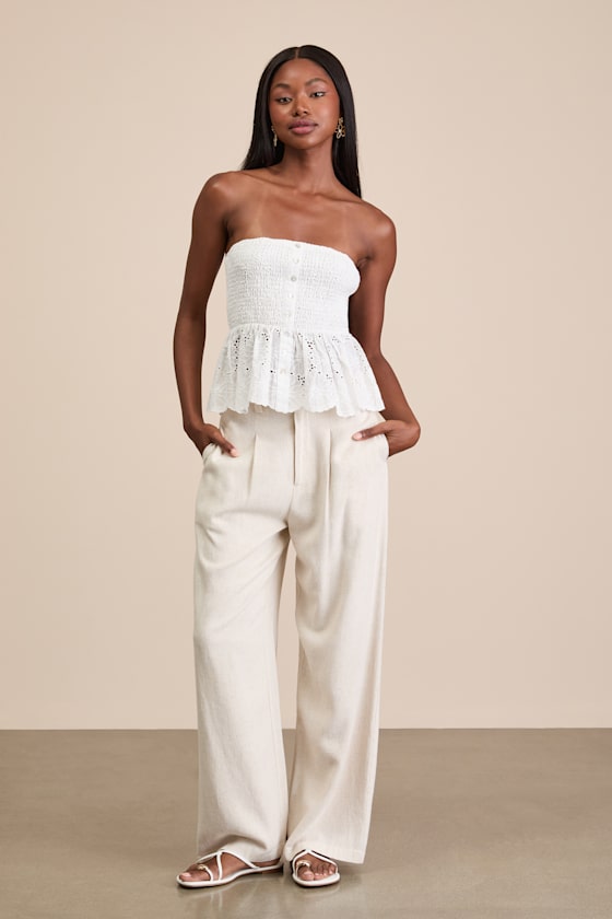 White Eyelet Embroidered Top - Smocked Strapless Top - Peplum Top - Image 4