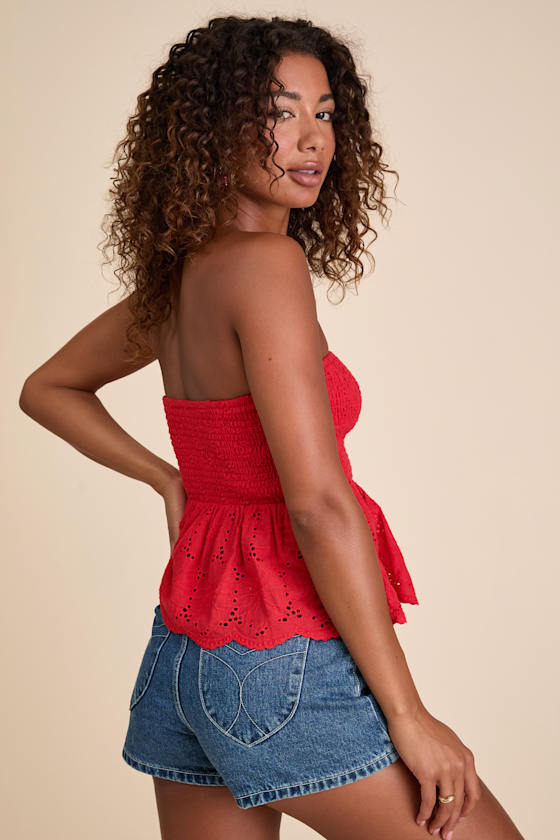 Red Eyelet Embroidered Top - Smocked Strapless Top - Peplum Top