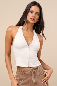 Astraia Light Heather Beige Hook-and-Eye Halter Top 2