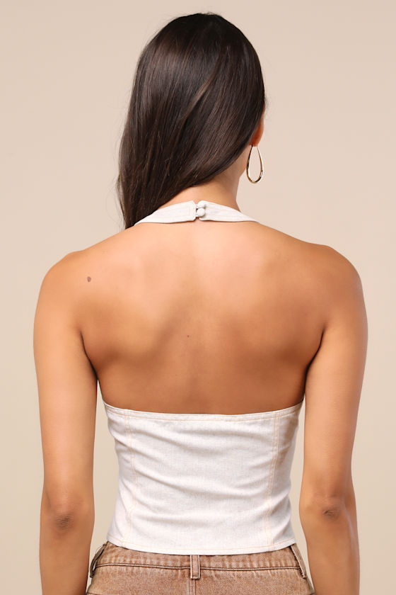 Astraia Light Heather Beige Hook-and-Eye Halter Top - thumbnail 2