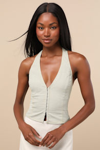 Astraia Sage Green Hook-and-Eye Halter Top 2