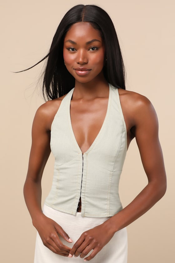Astraia Sage Green Hook-and-Eye Halter Top 2