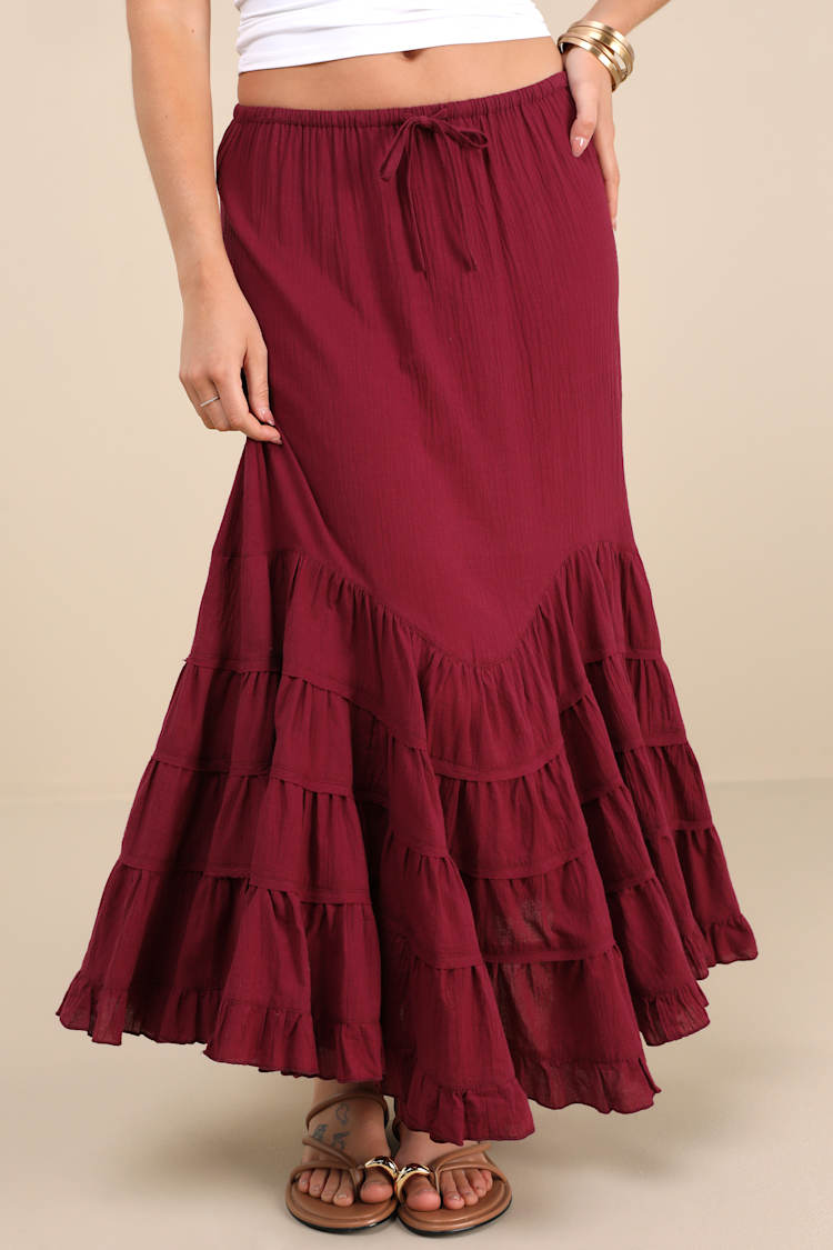 Bedelia Dark Red Tiered Drawstring Maxi Skirt
