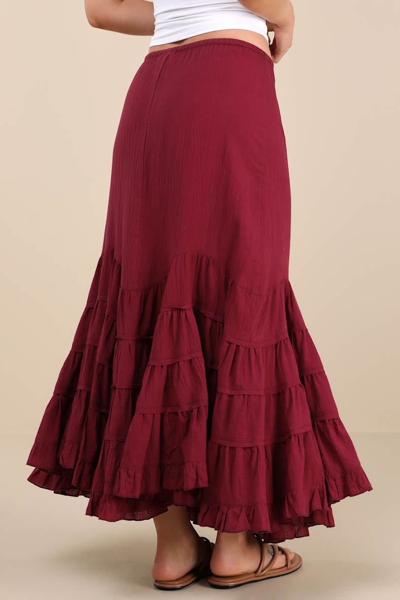 Bedelia Dark Red Tiered Drawstring Maxi Skirt