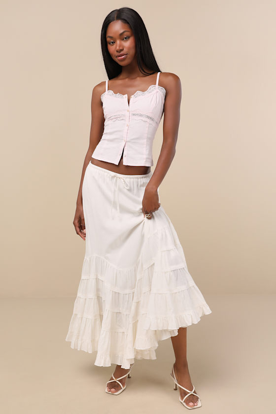 Bedelia Ivory Tiered Drawstring Maxi Skirt