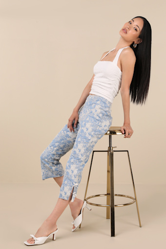 Tana Light Blue Embroidered Capri Pants 1