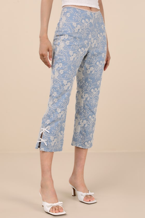Blue Embroidered Capri Pants - Cropped Pants - High-Rise Capris - Image 2