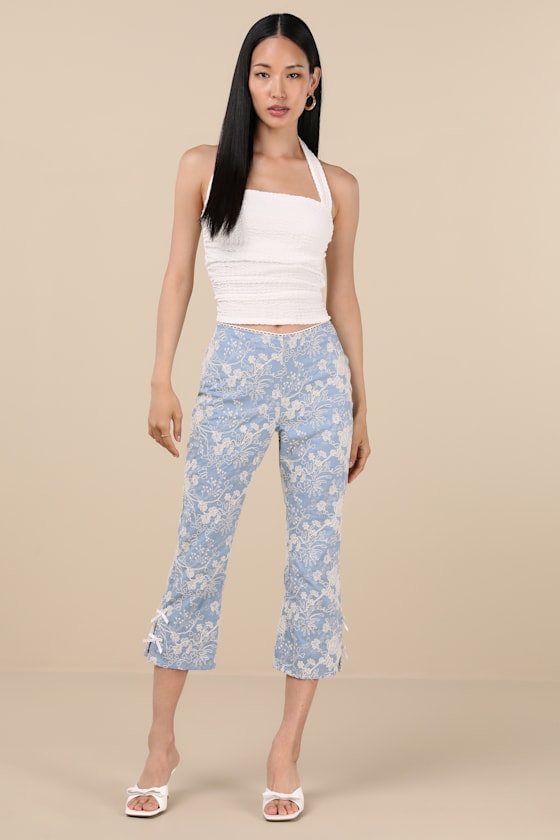 Blue Embroidered Capri Pants - Cropped Pants - High-Rise Capris - Image 3
