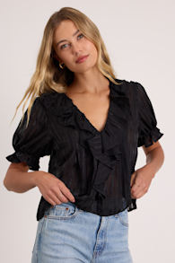 Dania Black Striped Ruffled Short Sleeve Top 1