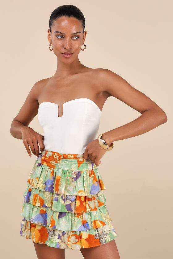 Halyna Mint Green Multi Boho Print Tiered Mini Skirt 2