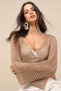 Saray Taupe Loose Crochet Knit Lace-Up Sweater Crop Top 2