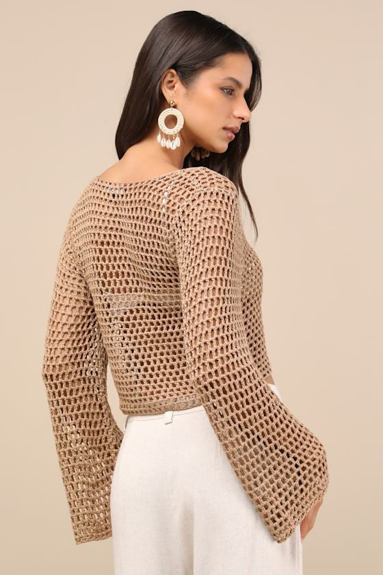 Saray Taupe Loose Crochet Knit Lace-Up Sweater Crop Top 4