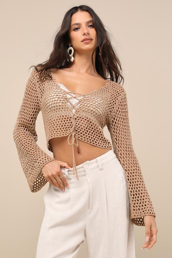 Taupe Sweater Top - Loose Crochet Knit Top - Lace-Up Crop Top - Lulus
