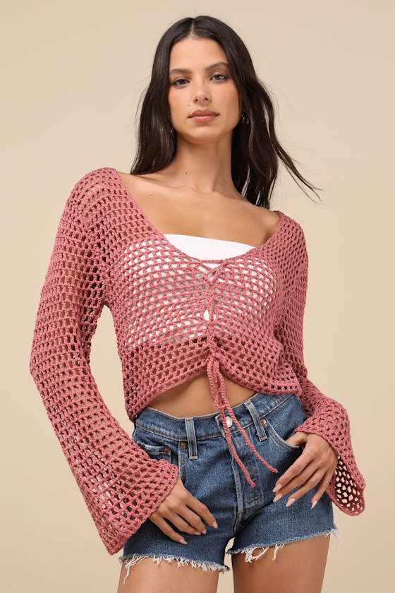 Dusty Rose Sweater Top - Loose Crochet Top - Lace-Up Crop