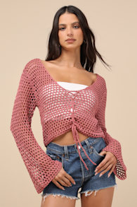 Saray Dusty Rose Loose Crochet Knit Lace-Up Sweater Crop Top 2