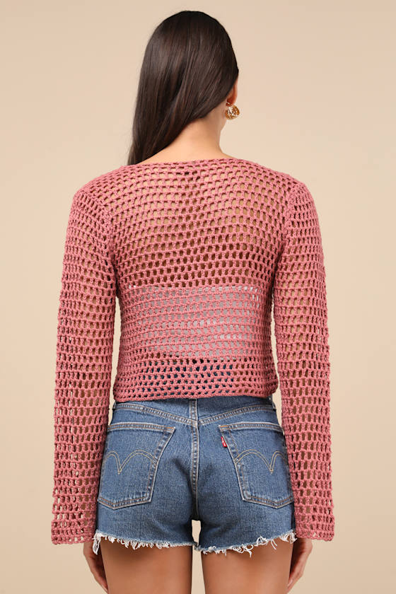 Saray Dusty Rose Loose Crochet Knit Lace-Up Sweater Crop Top 4