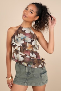 Maylee Brown Multi Floral Ruffled Halter Top 2