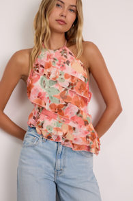Maylee Coral Multi Floral Ruffled Halter Top 2