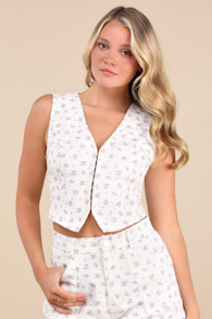 Hanan White Ditsy Floral Twill Hook-and-Eye Vest Top 2