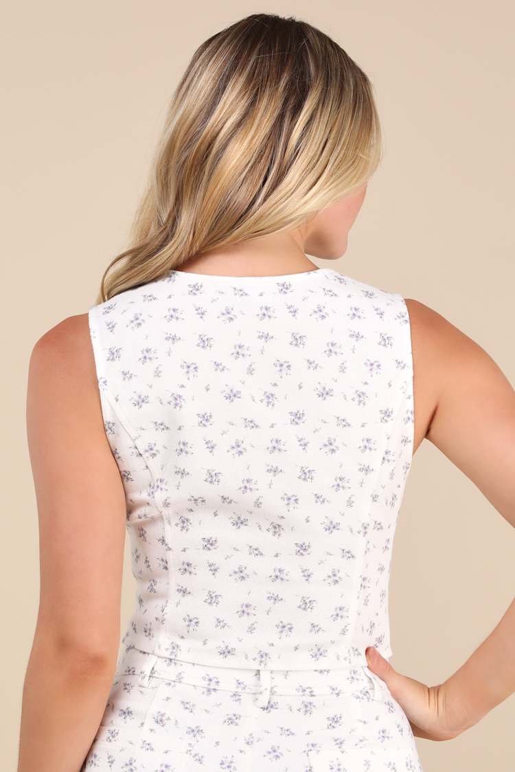 Hanan White Ditsy Floral Twill Hook-and-Eye Vest Top