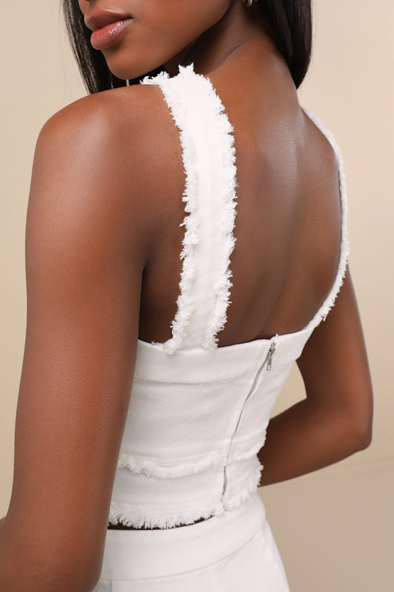 White Twill Top - Frayed Tank Top - Denim Twill Crop Tank Top - Image 4